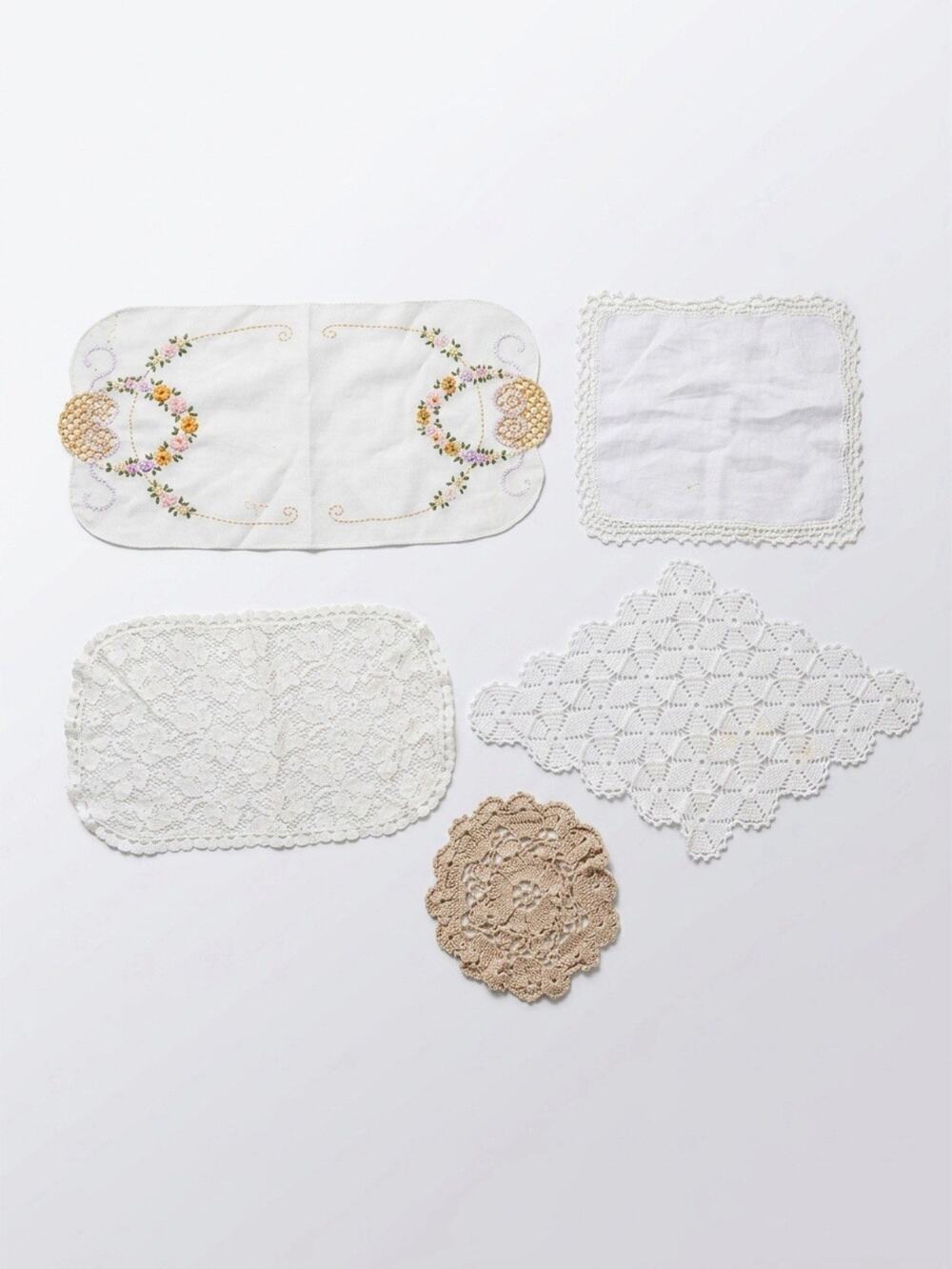 VTG Linen Doily Hand Crochet Knit Center White Floral Embroidered Lot Of 5